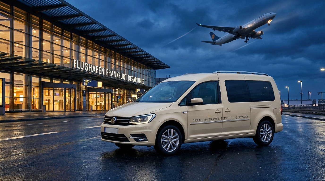 Transporter von Fahrservice Buck vor dem Flughafenterminal bei Nacht