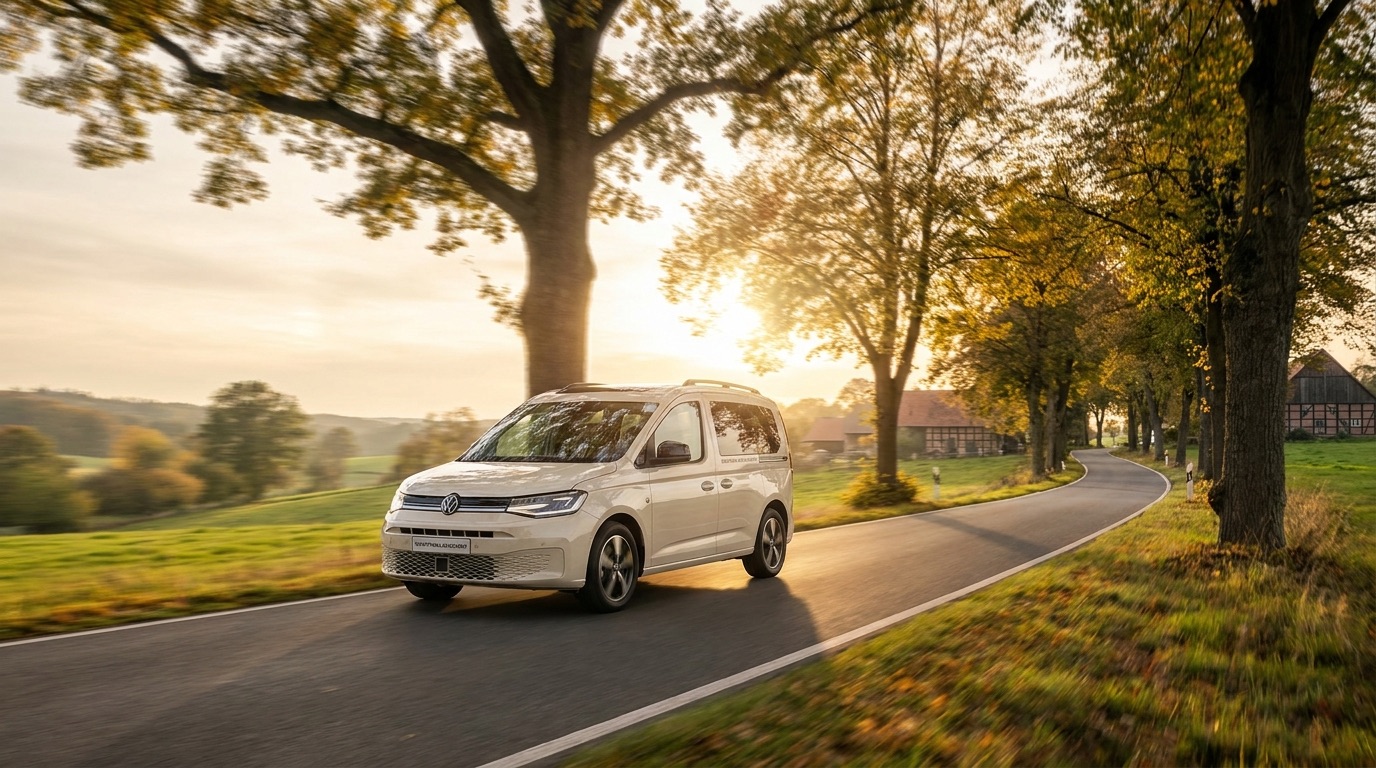 Cremefarbener Caddy von Fahrservice Buck unterwegs auf einer Allee im Abendlicht